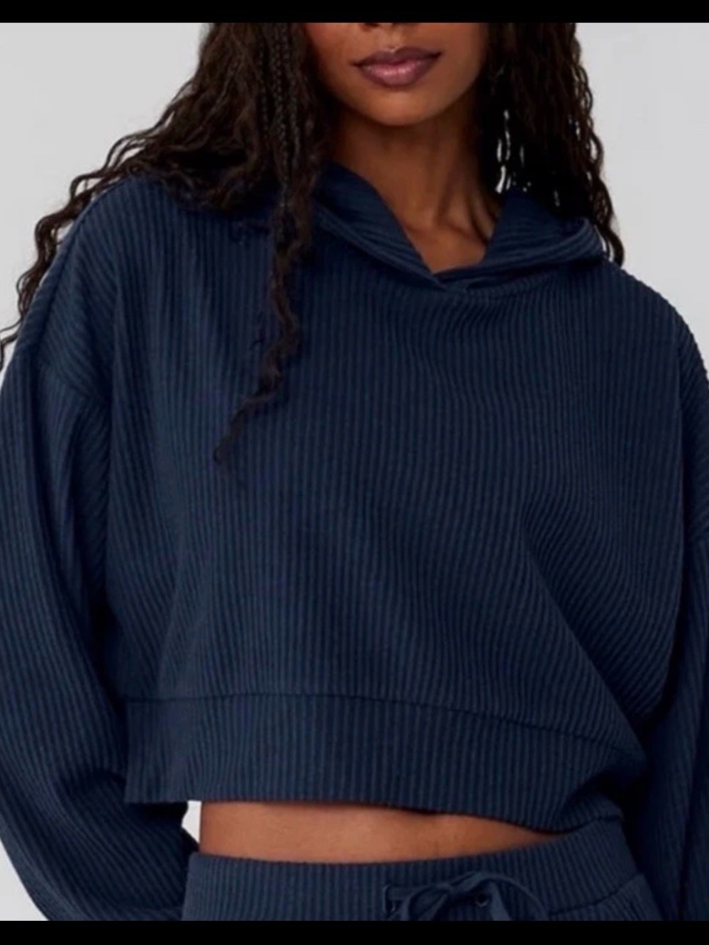 Alo Muse Ribbed Navy Cropped Hoodie Sweater